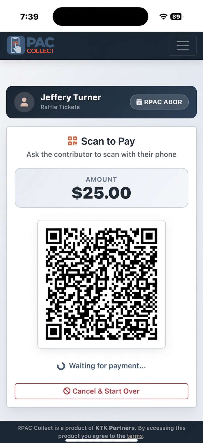 PAC Collect — Scan to Pay screen, showing a contributor, a $25.00 amount, and a QR code